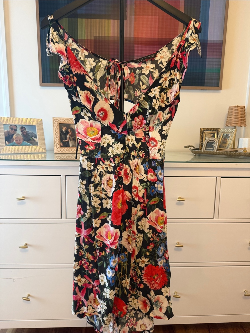 Zara Black Midi Dress with Red, Pink and Cream Floral Print